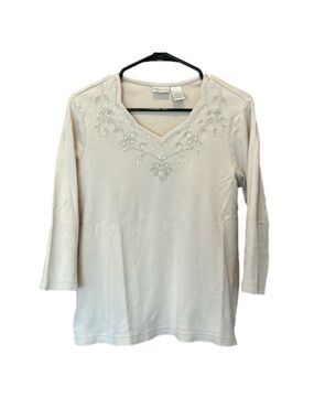 Erika Cream 3/4 Sleeve Top with Scalloped Neckline and Chest Designs Size Medium